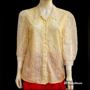 Vtg DAVID BENJAMIN Antique Lace Button Down Puff Sleeve Sheer Castlecore Shirt